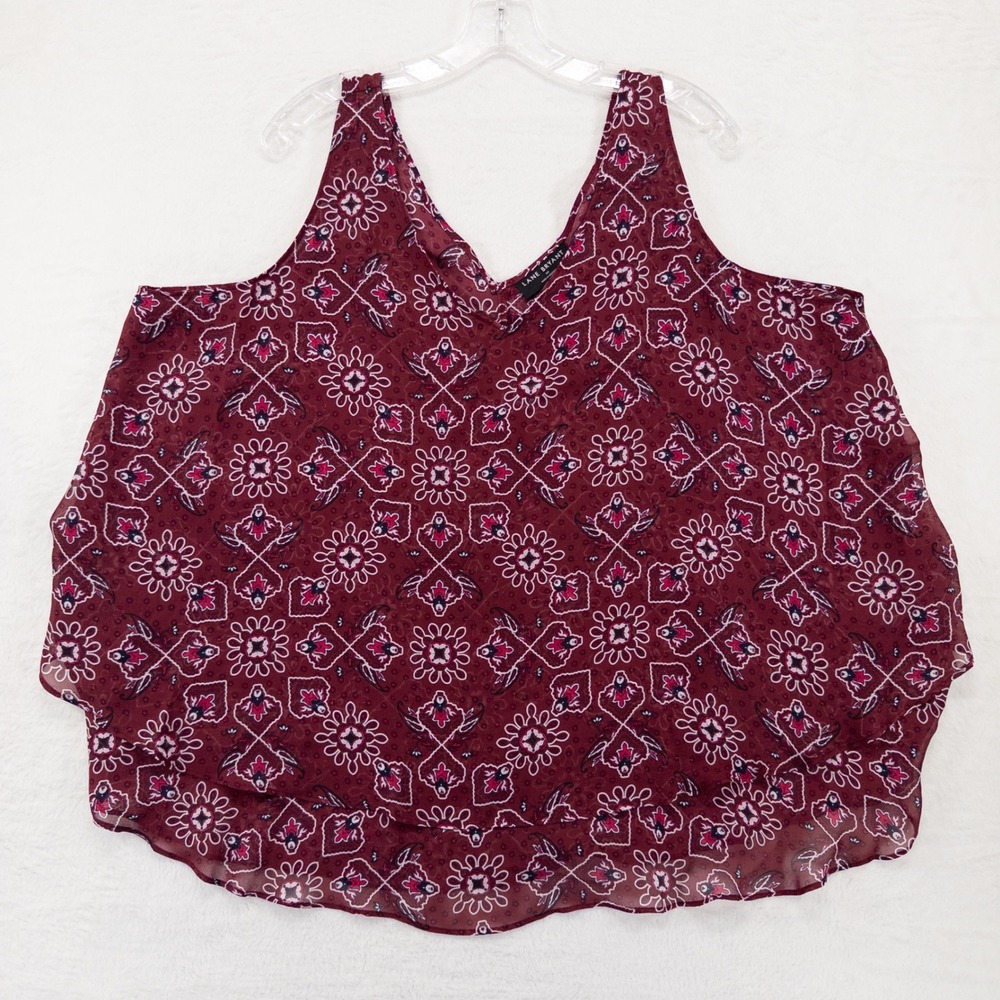 Lane Bryant Womens Tank Top 20 2X Burgundy Red Paisley Tiered V-Neck Blouse Boho